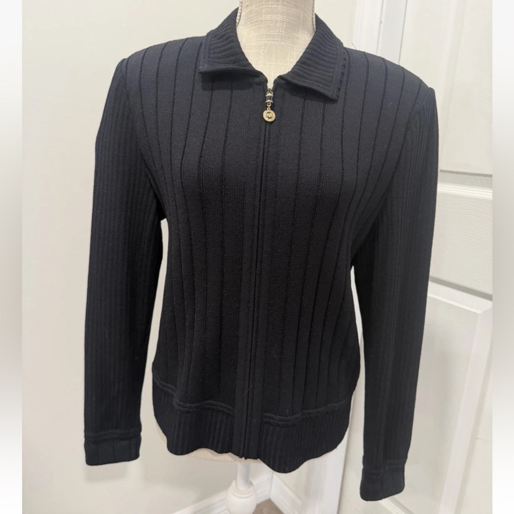 Women’s St. John Basics Black Knit Full Zip Up Jacket ribbed long sleeve Size 8
